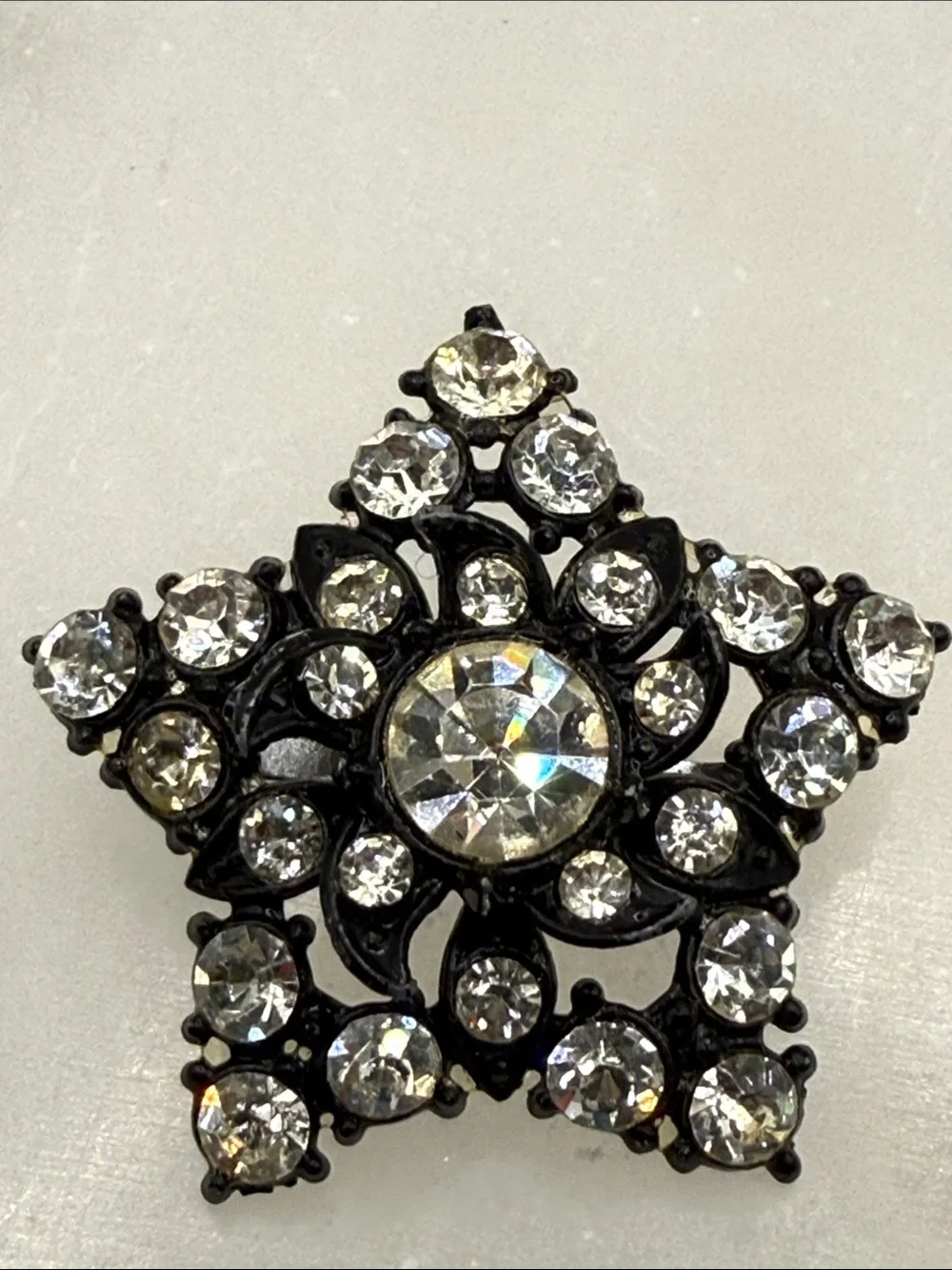 Vintage Starburst  Star rhinestone Pin Brooch - Black Metal unusual piece